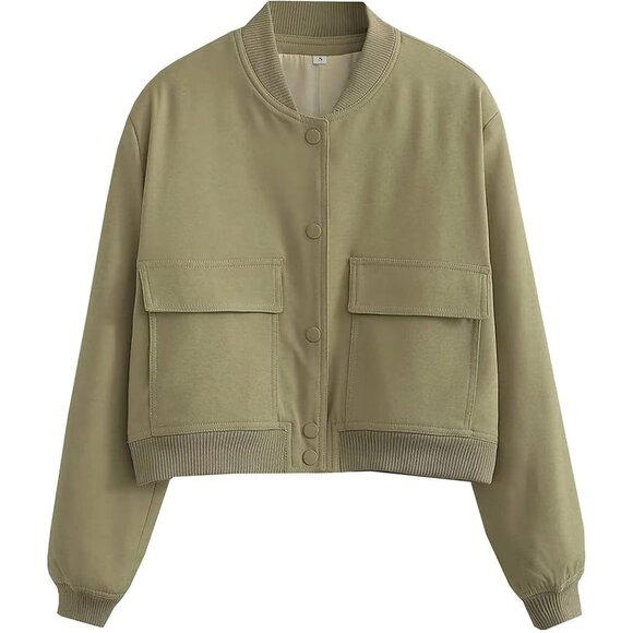 Women Green Cropped Bomber Jacket Button Down Varsity Shacket with Pockets - Picture 4 of 4